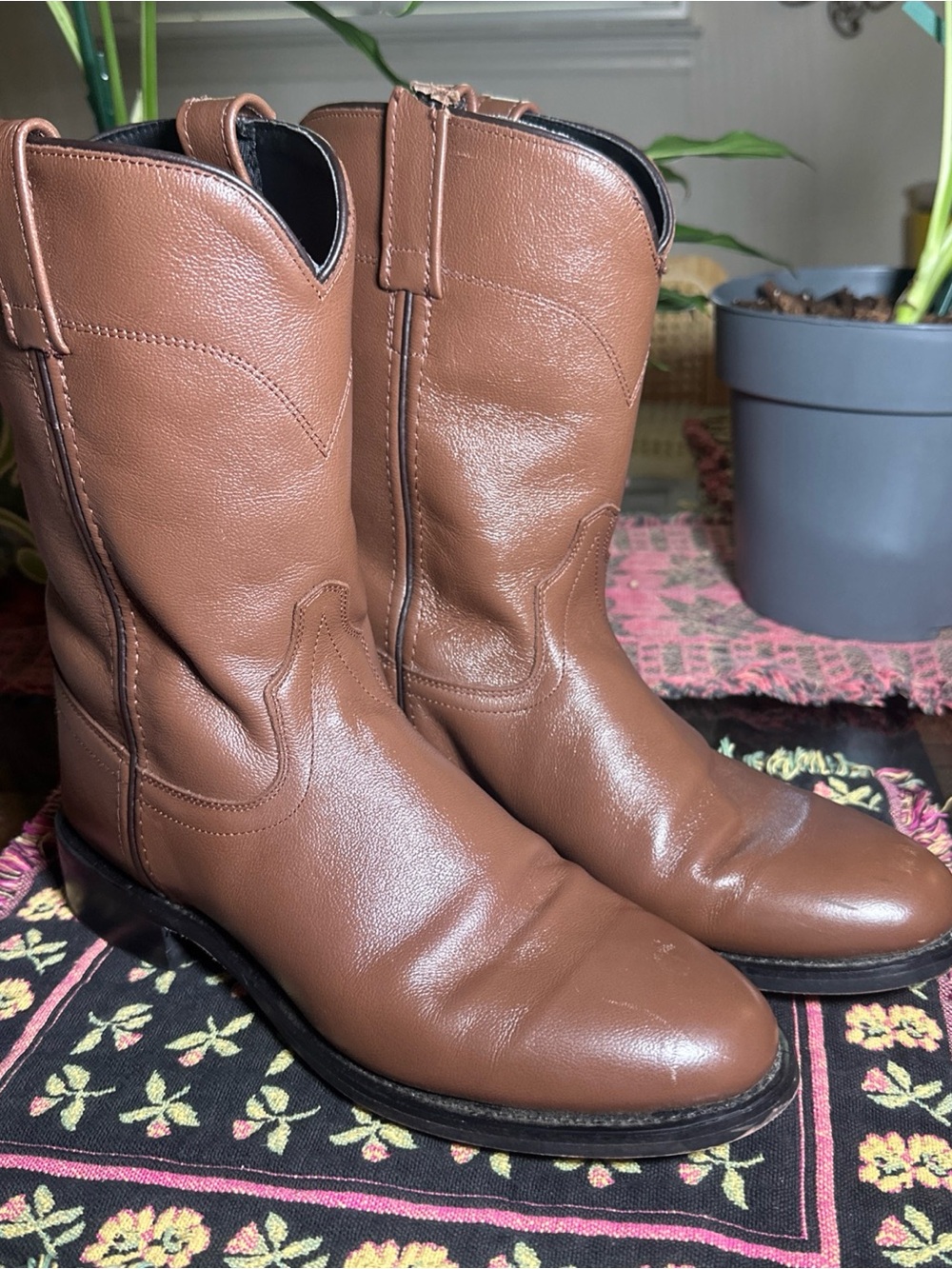 Old West SRL4017 Men's Brown Leather Roper Cowboy Boots Size 9 D Western